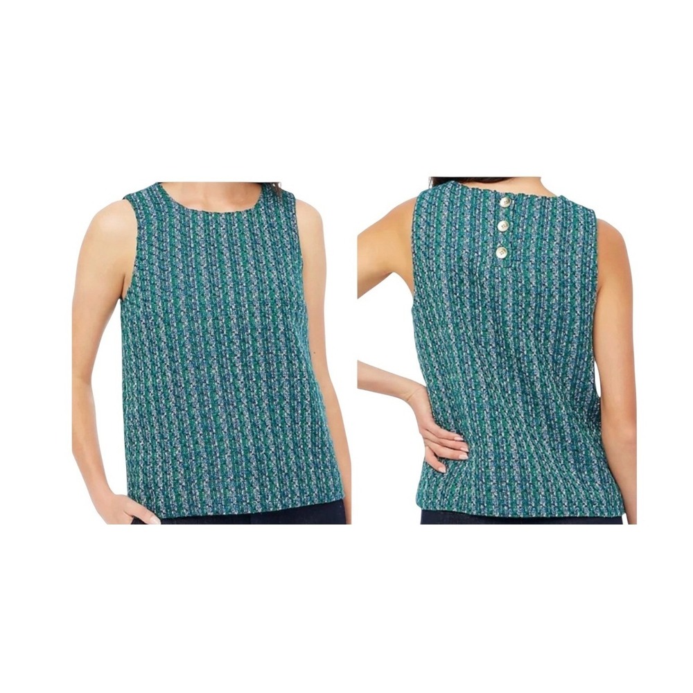 J Crew Sleeveless Tweed Shell Top Women XS Green Blue Button Back Preppy Knit